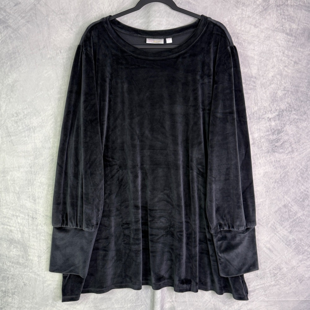 Belle Kim Gravel Velour Top Ruched Shoulder Long Cuff Plus Sz 5X Holiday stretch